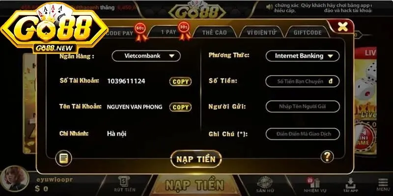 Nạp tiền Go88 - 1 phút có ngay vốn chơi game tiện lợi 1 Go88 là cổng game đổi thưởng xanh chín bậc nhất thị trường