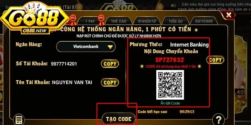 Nạp tiền Go88 - 1 phút có ngay vốn chơi game tiện lợi 2 Nạp vốn qua ngân hàng dễ dàng chỉ với vài bước cơ bản