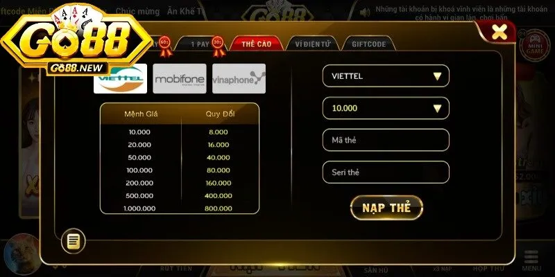 Nạp tiền Go88 - 1 phút có ngay vốn chơi game tiện lợi 3 Nạp tiền GO88 qua thẻ cào 100% miễn phí không nên bỏ qua